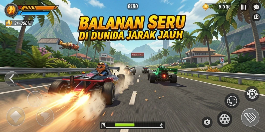 Tampilan seru gameplay balapan di 8180 dengan mobil yang melaju kencang.