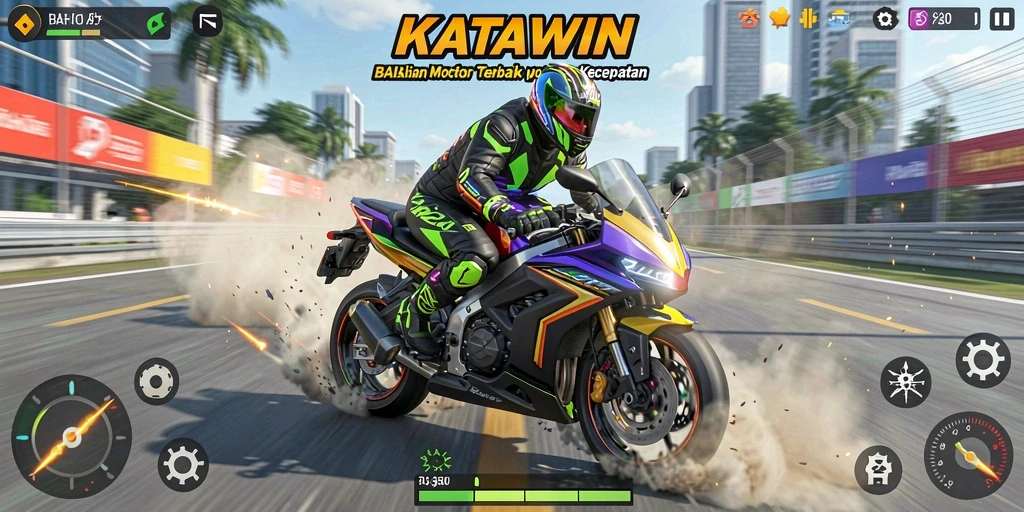 Tampilan gameplay KATAWIN yang mendebarkan dengan balapan motor.