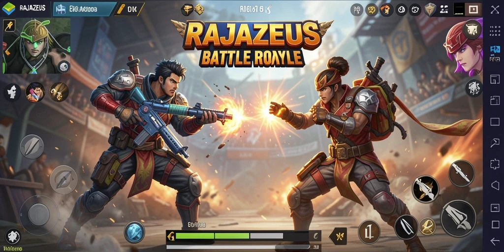 Screenshot gameplay RAJAZEUS yang menampilkan aksi pertempuran intens.