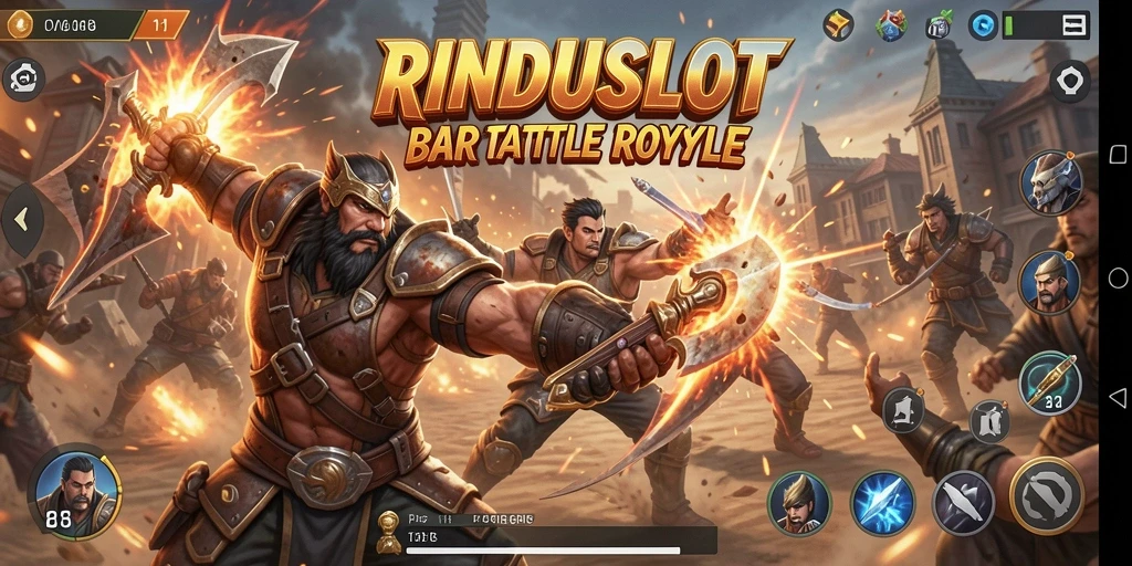 Screenshot utama RINDUSLOT menampilkan aksi seru dalam pertempuran Battle Royale.