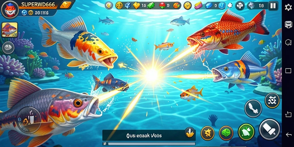 Screenshot gameplay SUPERWD666 menampilkan aksi seru dalam berburu ikan.